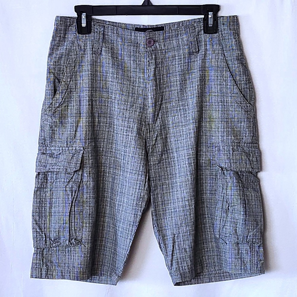 Beverly Hills Polo Club Mens Plaid Cargo Shorts Grey‎ Blue Cotton Size 30